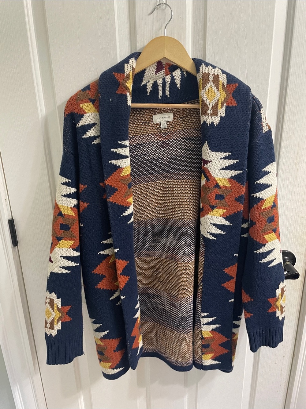Lucky Brand Navy Aztec Open Cardigan with Rust and Cream Accents